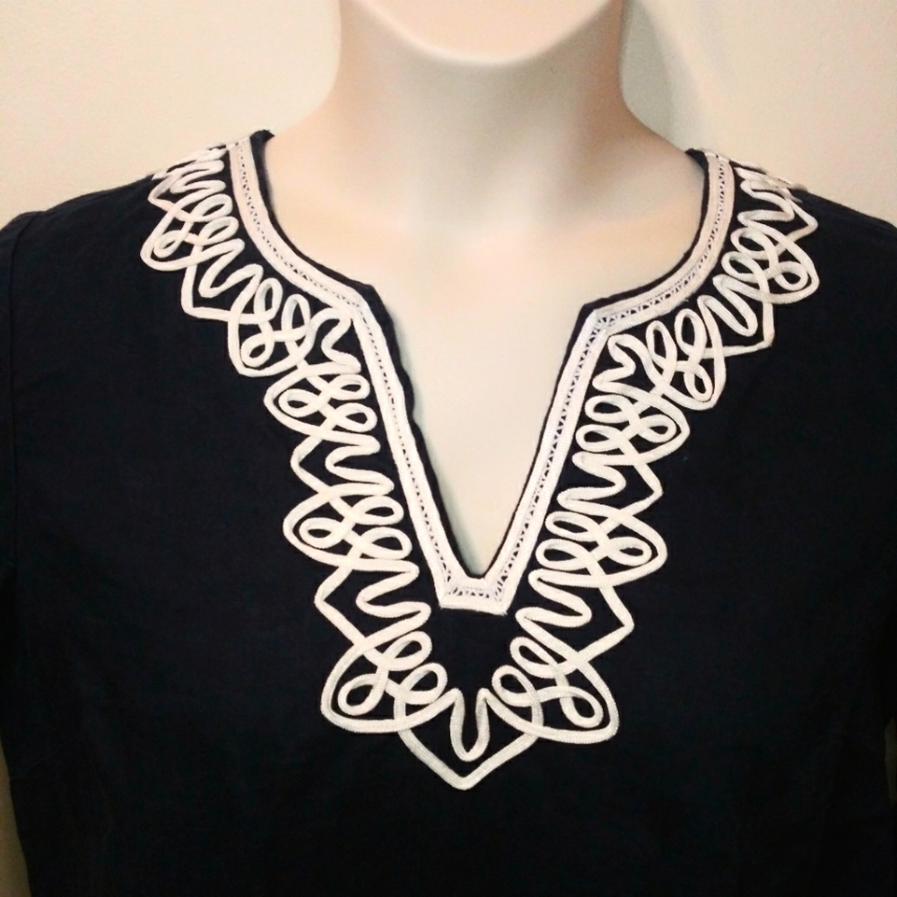 Talbots Navy & White Cord Trimmed Preppy/Coastal Linen Tunic - Picture 2 of 9
